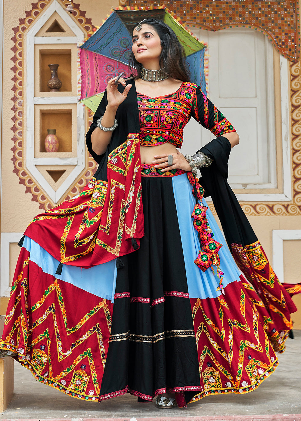 Black Navratri Lehenga Choli In Mirror Work - Indian Paridhan 