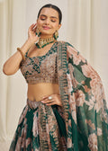 Dark Green Floral Printed Lehenga Choli - Indian Paridhan 