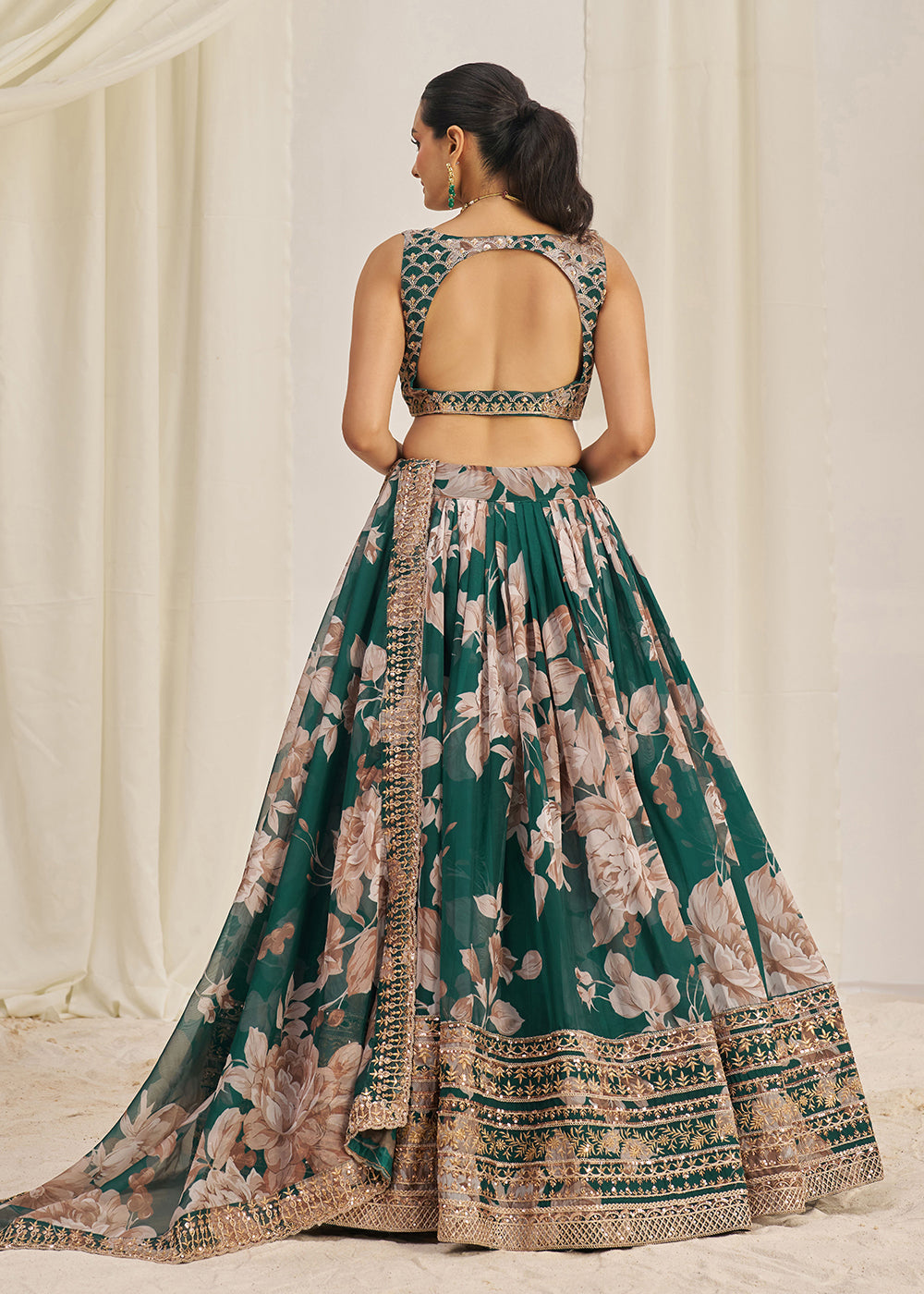 Dark Green Floral Printed Lehenga Choli - Indian Paridhan 