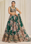 Dark Green Floral Printed Lehenga Choli - Indian Paridhan 