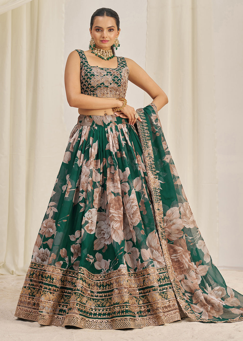 Dark Green Floral Printed Lehenga Choli - Indian Paridhan 