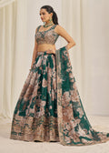 Dark Green Floral Printed Lehenga Choli - Indian Paridhan 