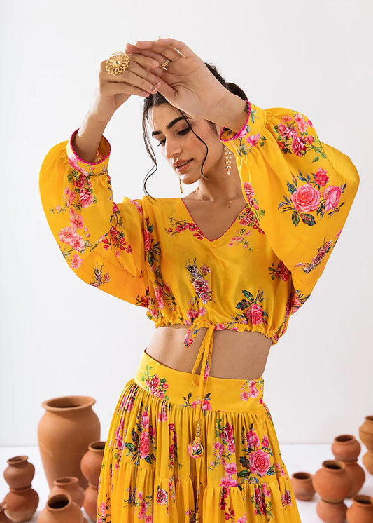 Yellow Floral Printed Indo Western Lehenga