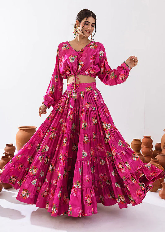 Magenta Floral Printed Indo Western Lehenga