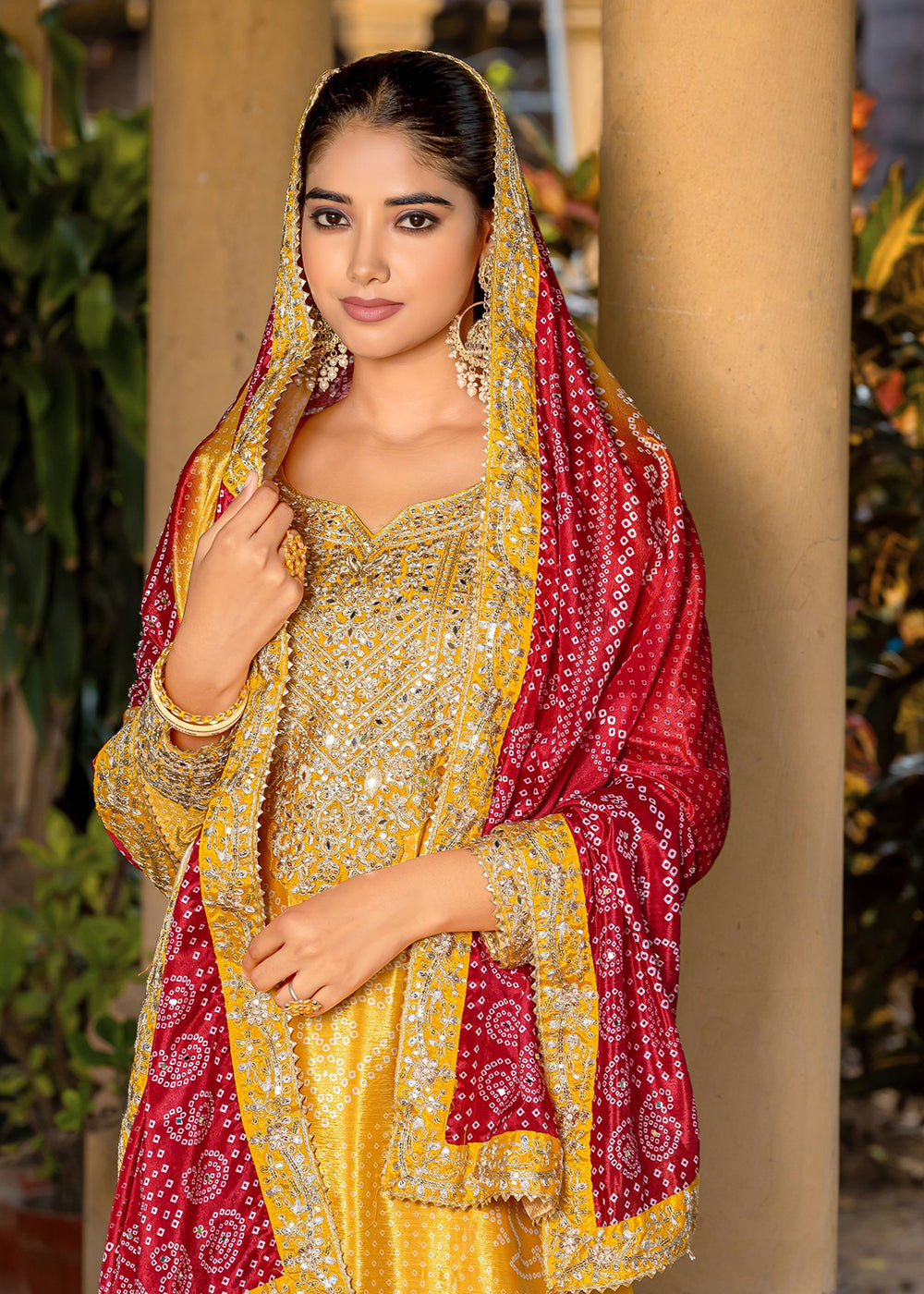 Yellow Bandhani Printed Chinon Palazzo Suit - Indian Paridhan 