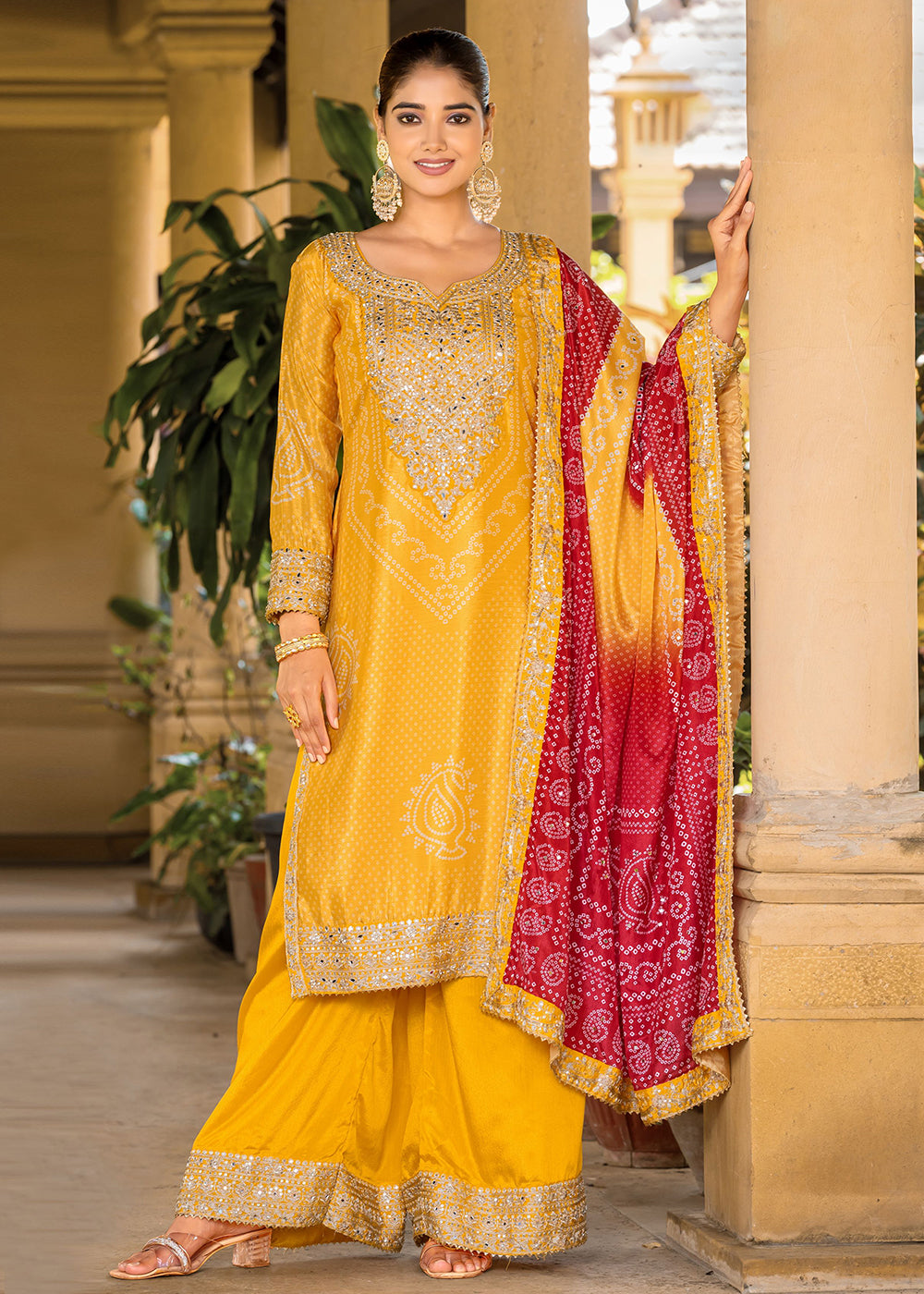 Yellow Bandhani Printed Chinon Palazzo Suit - Indian Paridhan 