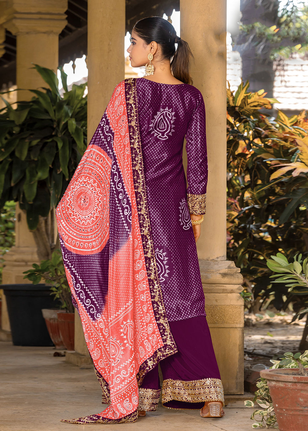 Purple Bandhani Printed Chinon Palazzo Suit - Indian Paridhan 