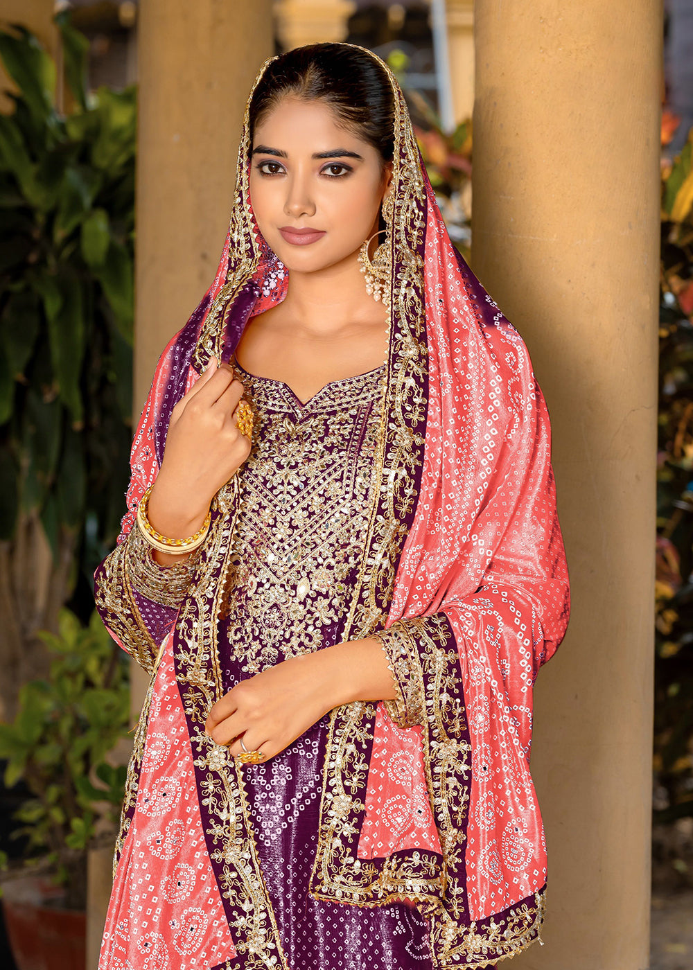 Purple Bandhani Printed Chinon Palazzo Suit - Indian Paridhan 