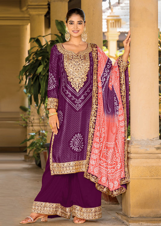 Purple Bandhani Printed Chinon Palazzo Pant Suit