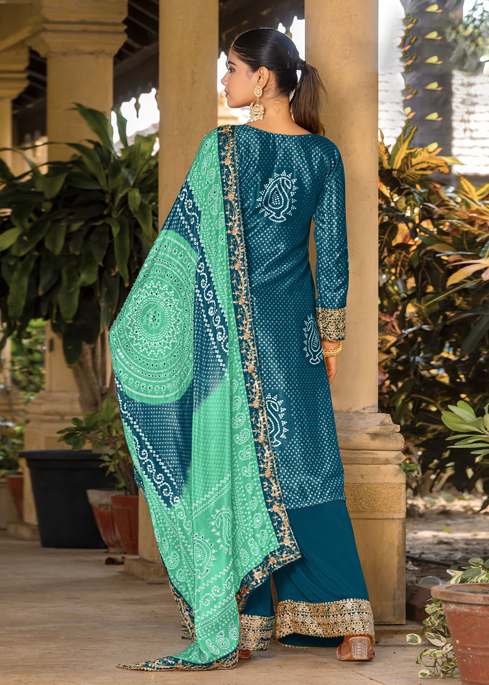 Teal Blue Bandhani Printed Chinon Palazzo Suit - Indian Paridhan 