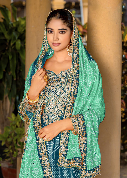 Teal Blue Bandhani Printed Chinon Palazzo Suit - Indian Paridhan 