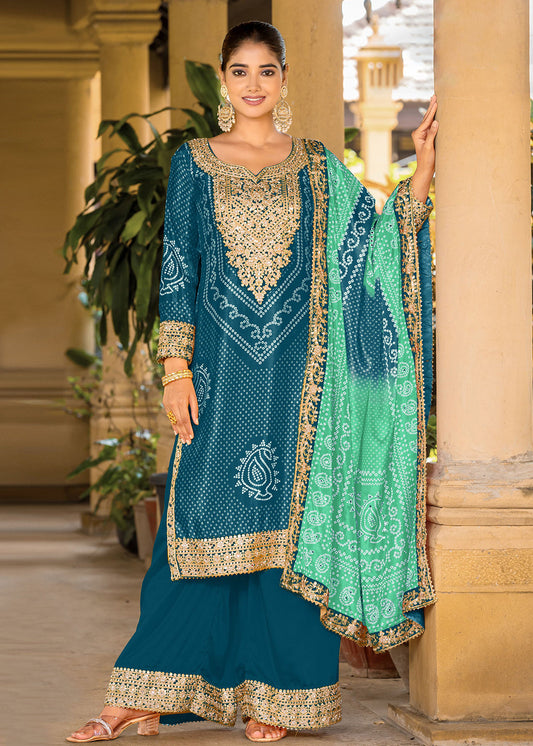 Teal Blue Bandhani Printed Chinon Palazzo Salwar Suit 