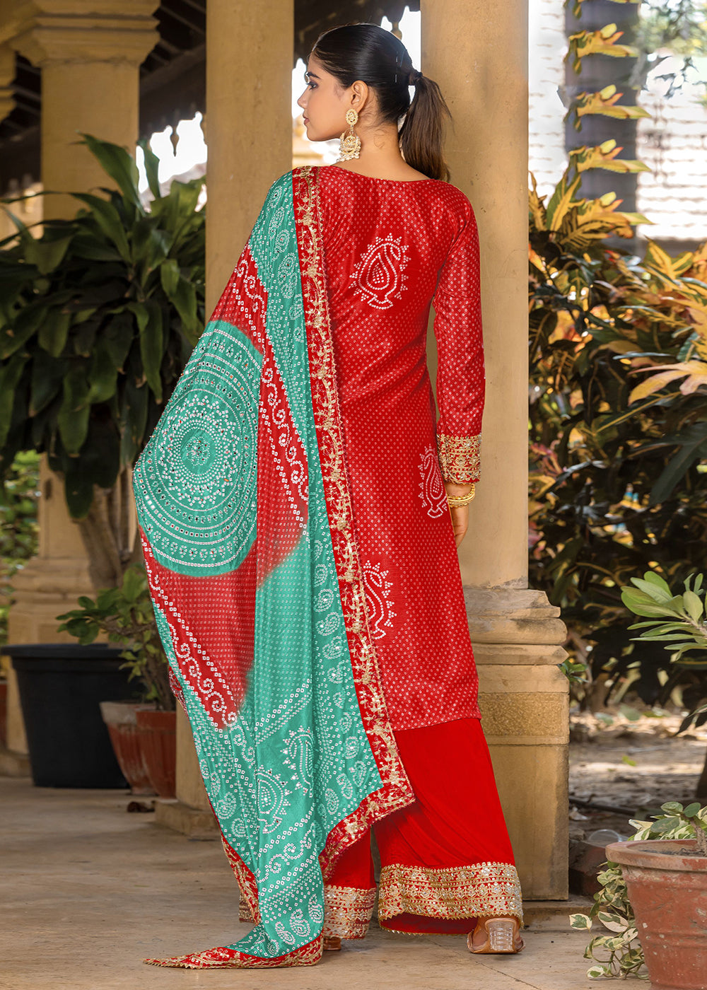 Red Bandhani Printed Chinon Palazzo Suit - Indian Paridhan 