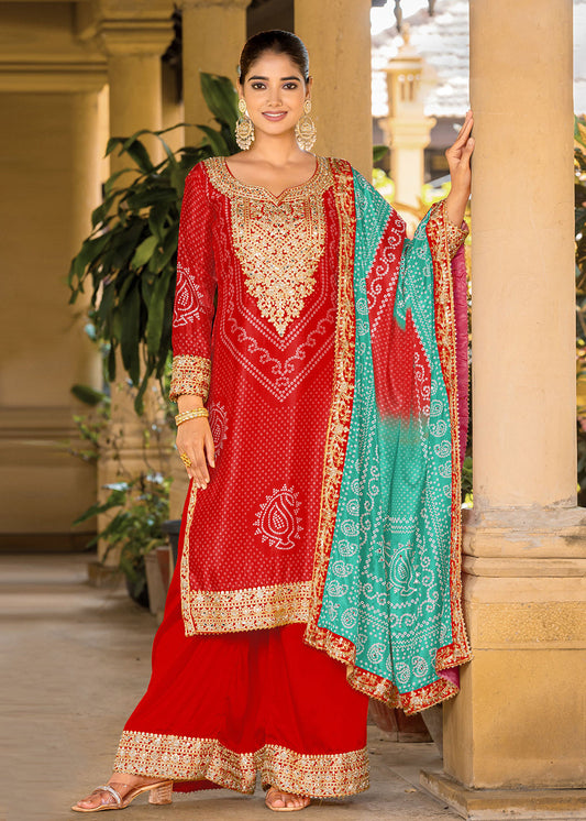 Red Bandhani Printed Chinon Indian Palazzo Salwar Suit -