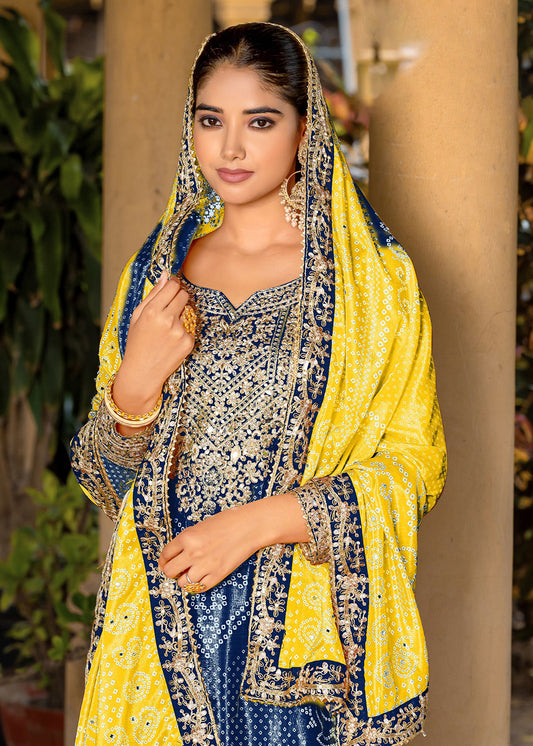 Blue Bandhani Printed Chinon Palazzo Suit - Indian Paridhan 