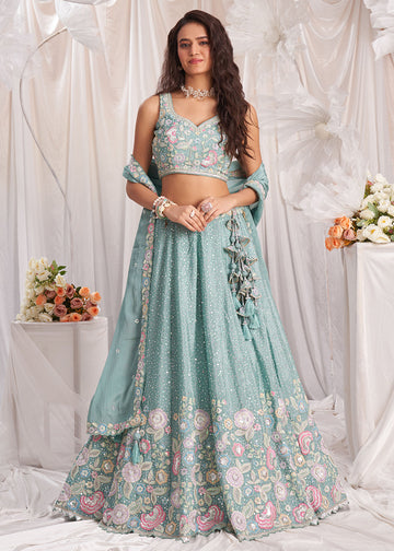 Light Blue Embroidered Traditional Lehenga Choli