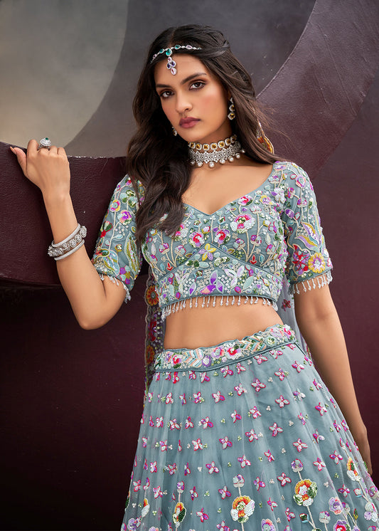 Grey Heavy Embroidered Lehenga Choli In Net