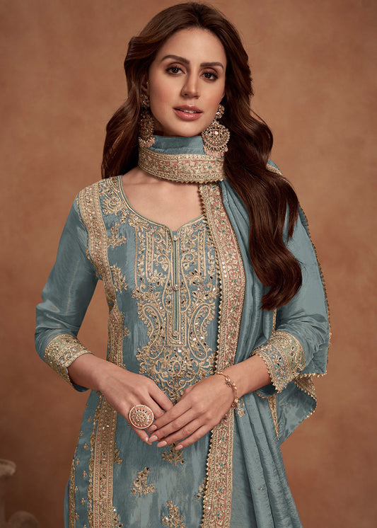 Grey Heavy Zari Embroidered Sharara Suit