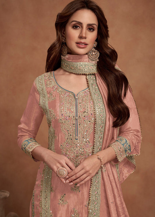 Pink Silk Zari Embroidered Sharara Salwar Suit