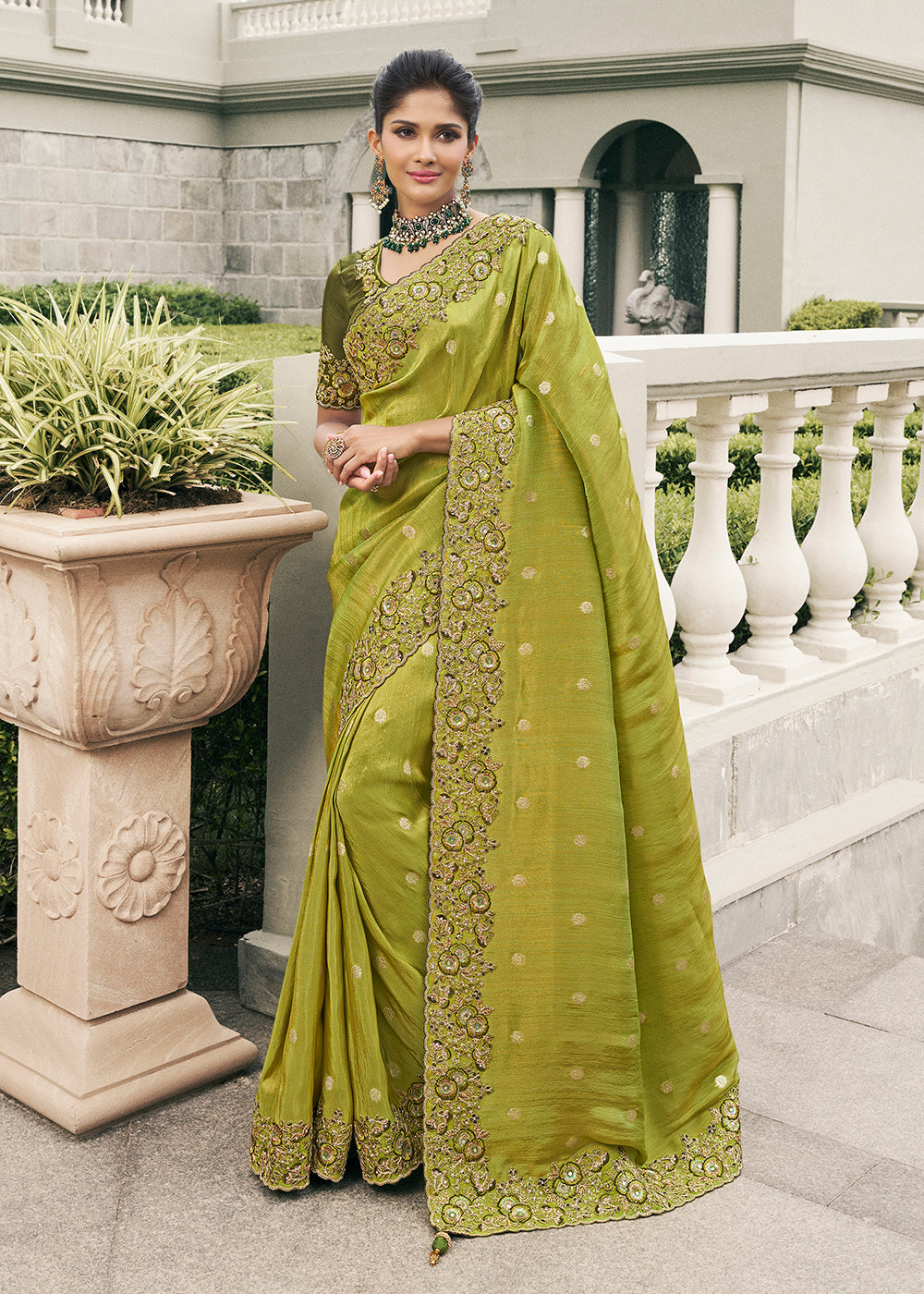 Green Zari Embroidered Silk Saree With Blouse