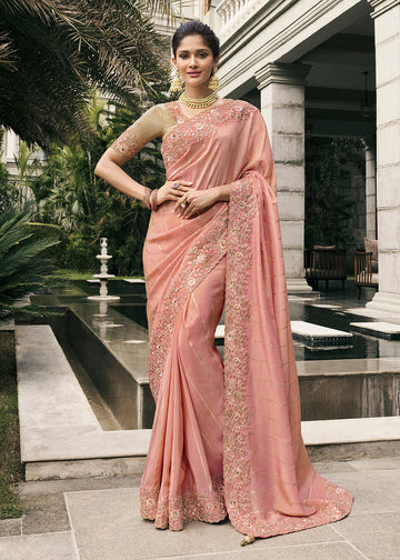 Peach Zari Embroidered Tissue Silk Saree