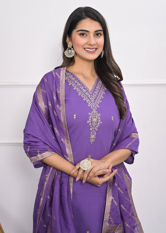 Purple Zari Woven Embroidered Pant Salwar Kameez