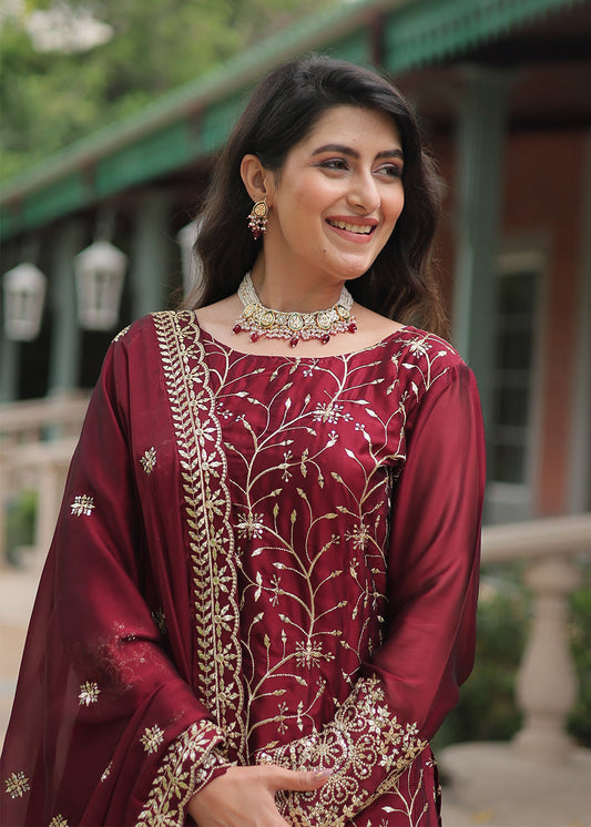 Maroon Silk Embroidered Readymade Sharara Suit