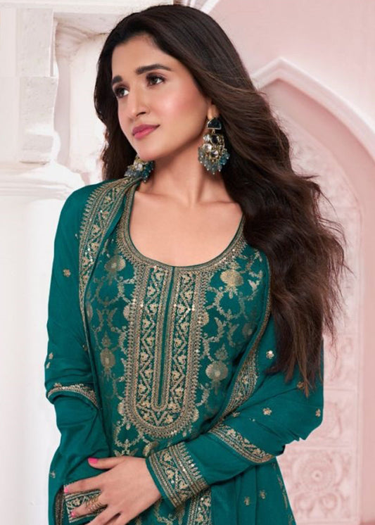 Rama Green Woven Embroidered Palazzo Salwar kameez