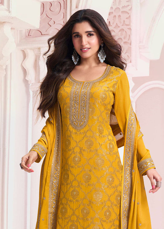 Yellow Zari Woven Embroidered Palazzo Salwar Suit