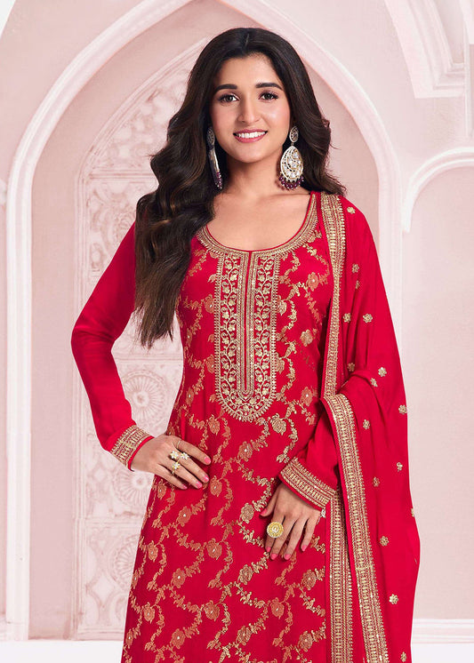 Red Zari Woven Embroidered Salwar kameez