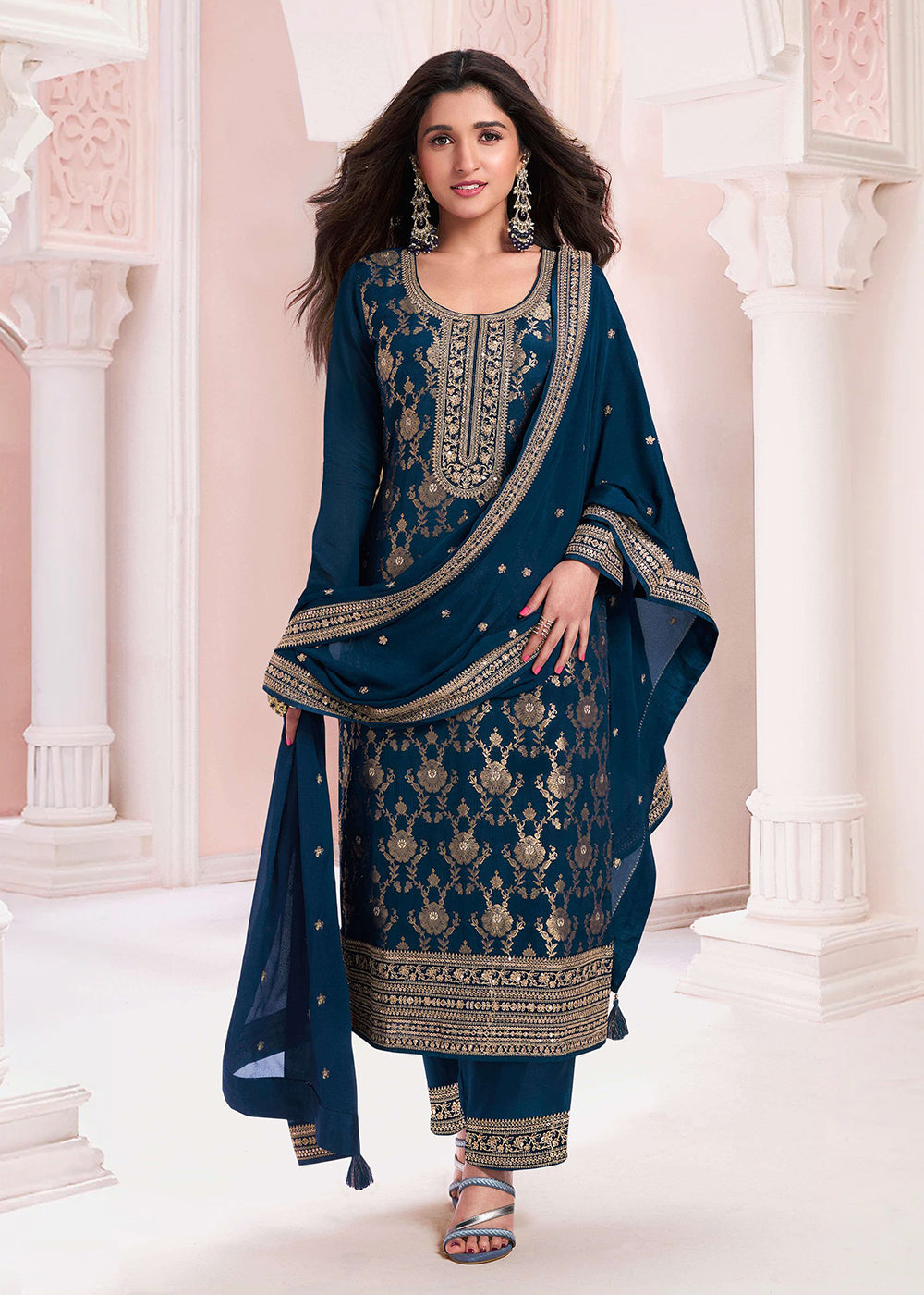 Blue Zari Woven Embroidered Palazzo Salwar Suit