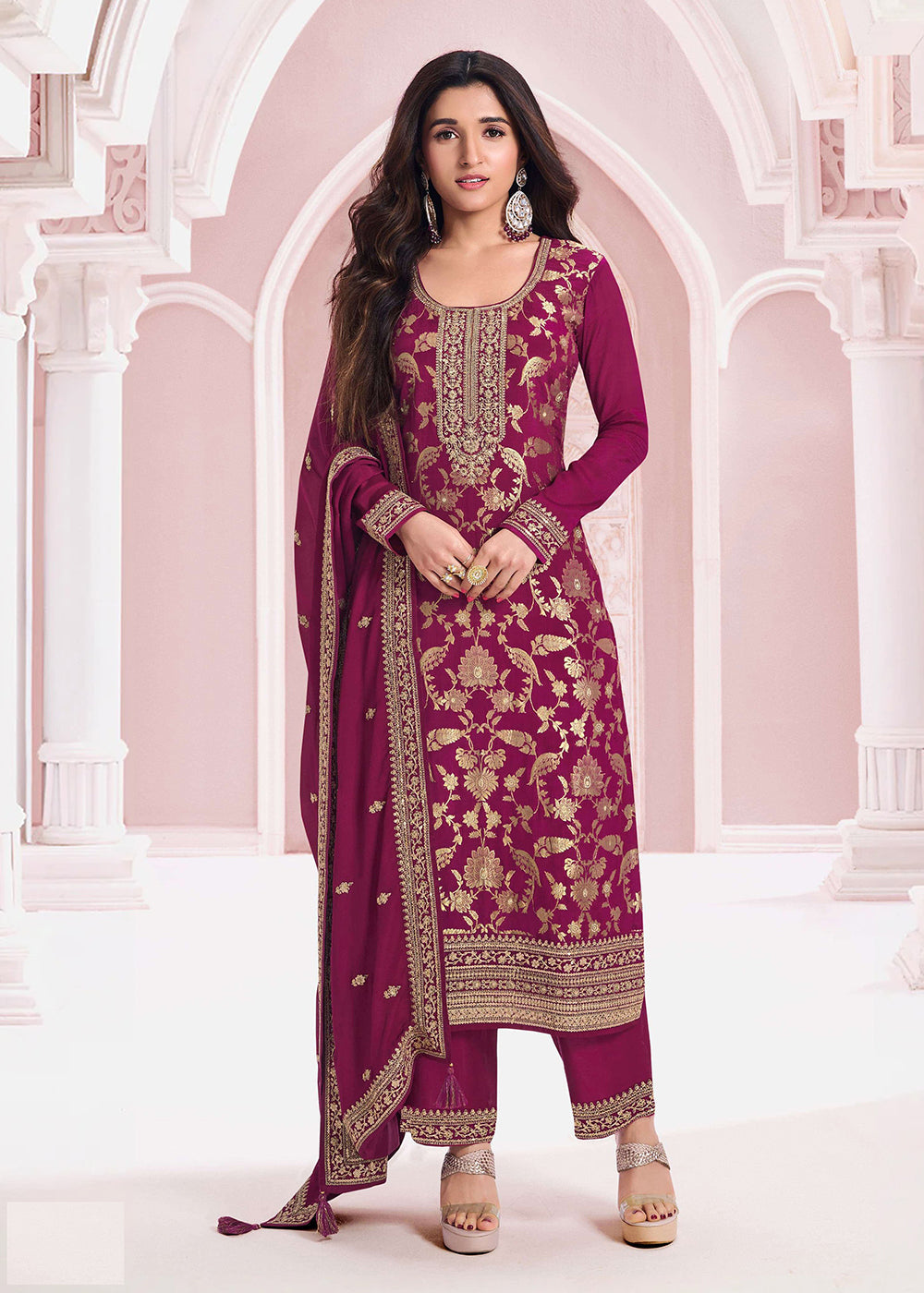 Wine Zari Embroidered Straight Cut Salwar Suit