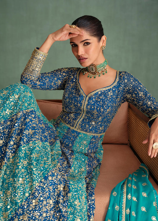 Blue Heavy Embroidered Anarkali Suit In Georgette