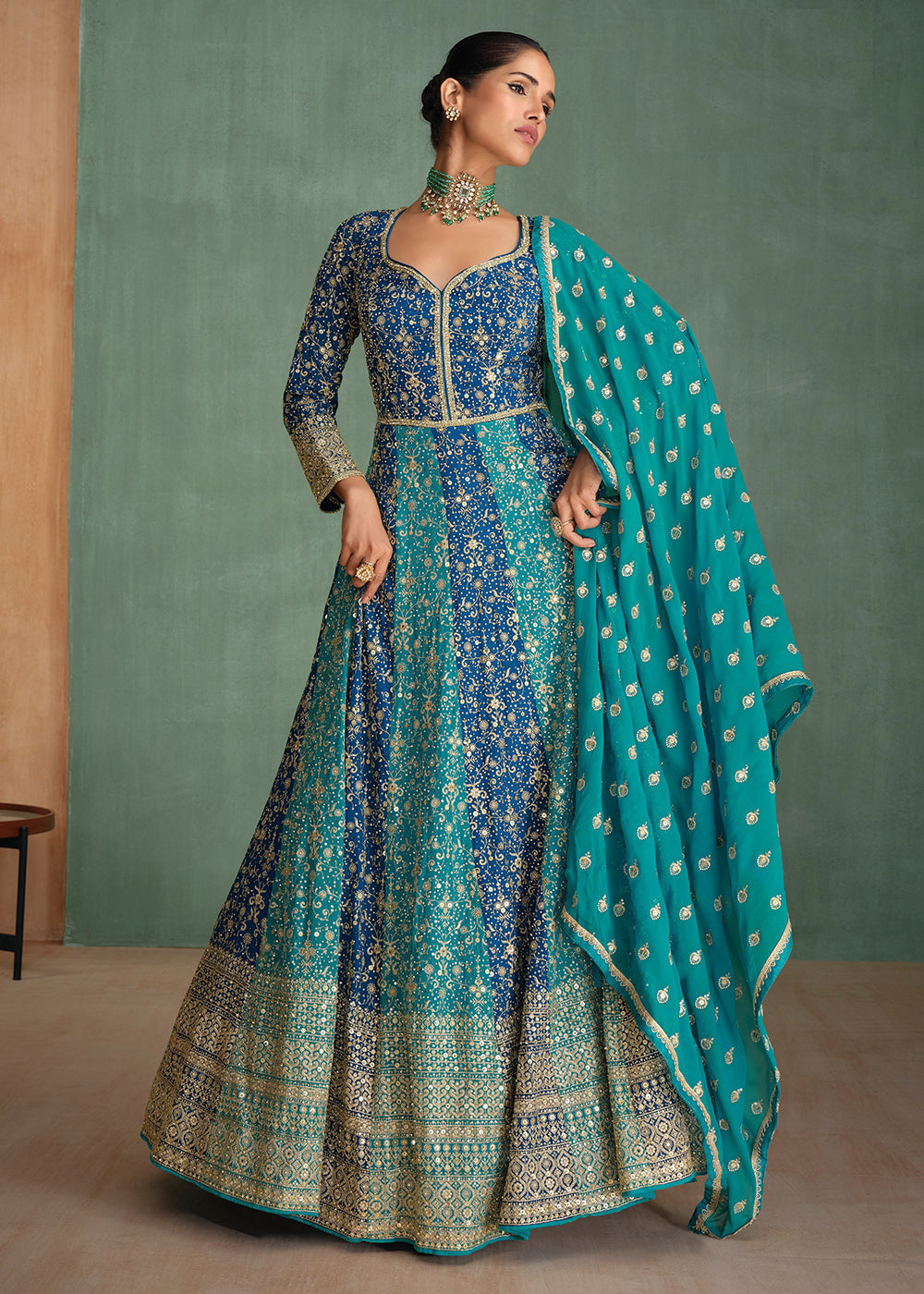 Blue Heavy Embroidered Anarkali Suit In Georgette