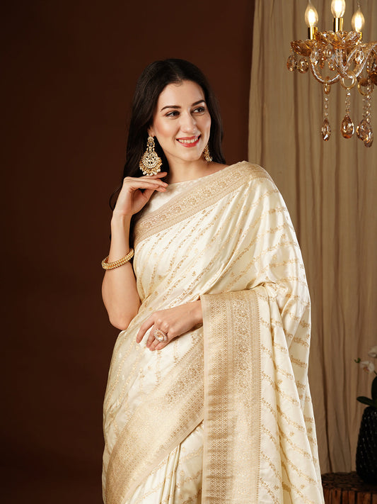 Cream Satin Silk Embroidered Saree With Blouse