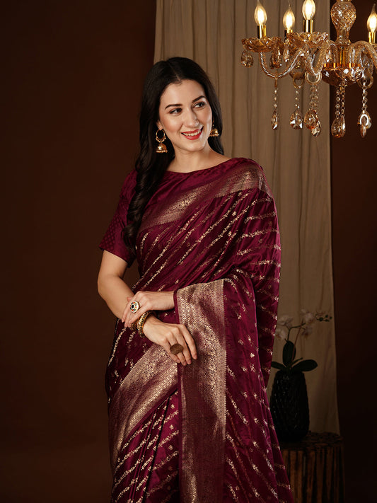 Maroon Woven Silk Embroidered Saree With Blouse