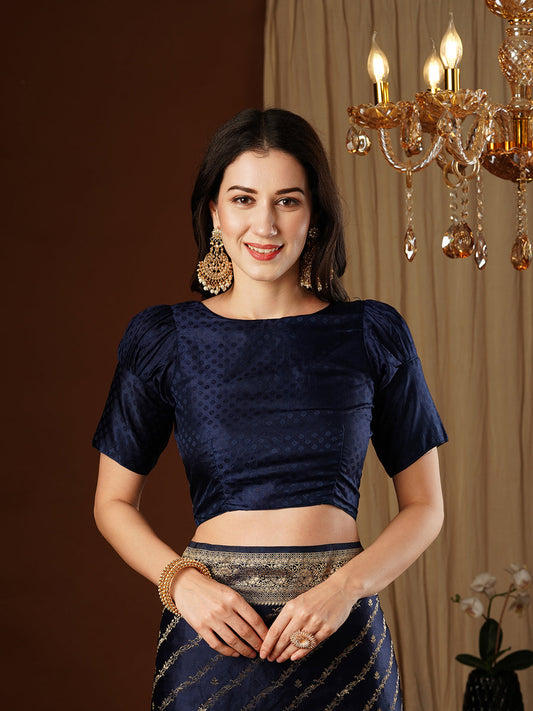 Navy Blue Silk Embroidered Saree With Blouse