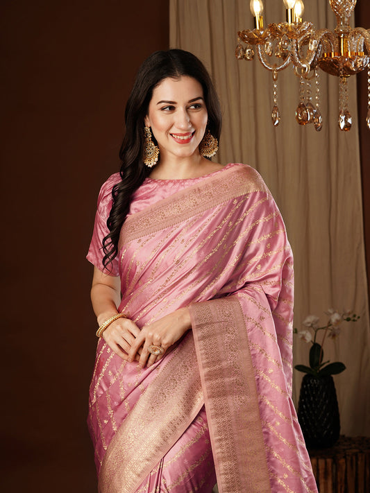 Pink Satin Silk Embroidered Saree With Blouse