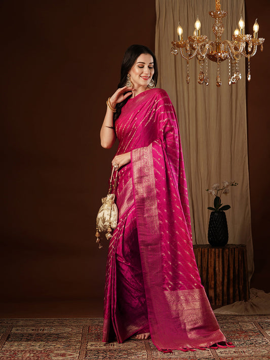 Rani Pink Satin Silk Woven Embroidered Saree