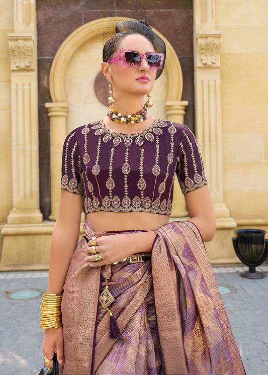 Purple Zari Embroidered Jacquard Silk Saree