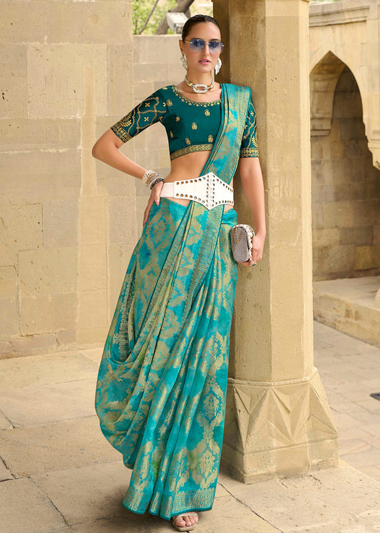 Turquoise Zari Embroidered Jacquard Silk Saree