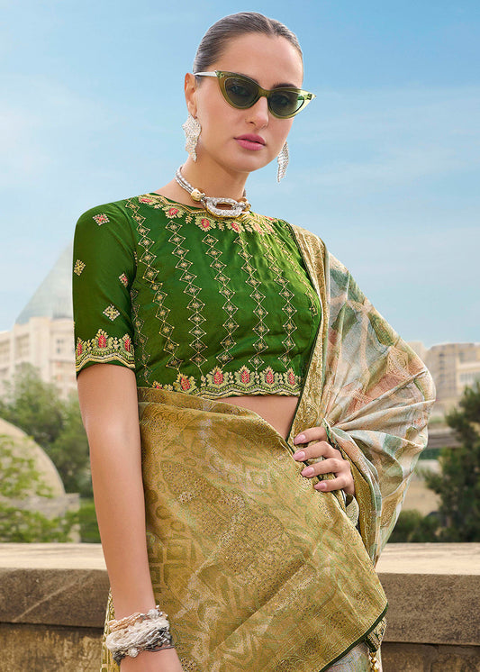 Green Zari Woven Embroidered Jacquard Silk Saree