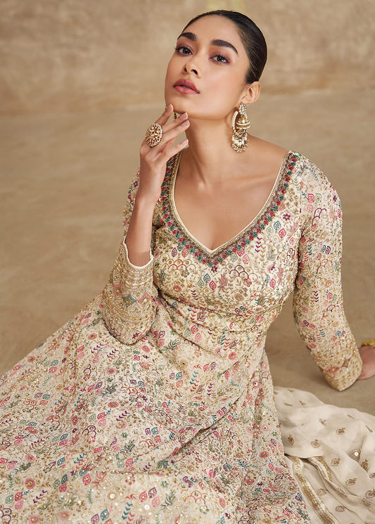 Off White Heavy Embroidered Anarkali Suit