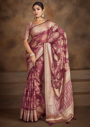 Purple Zari Woven Silk Saree With Blouse