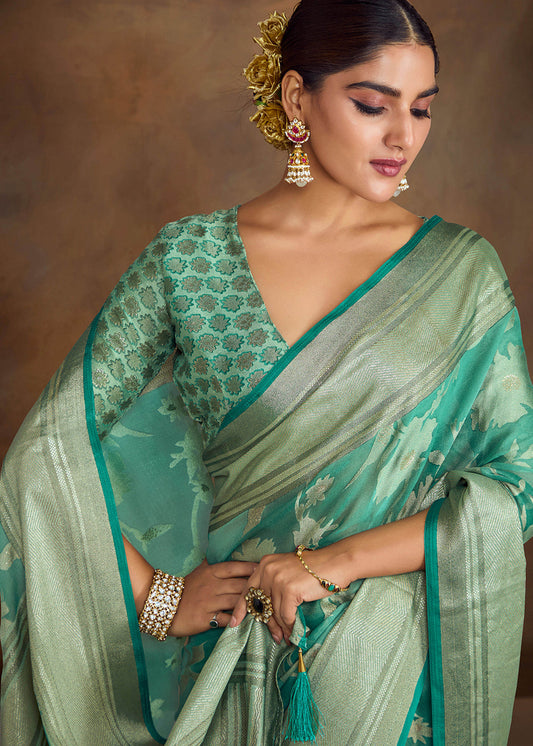 Sea Green Zari Woven Silk Saree With Blouse