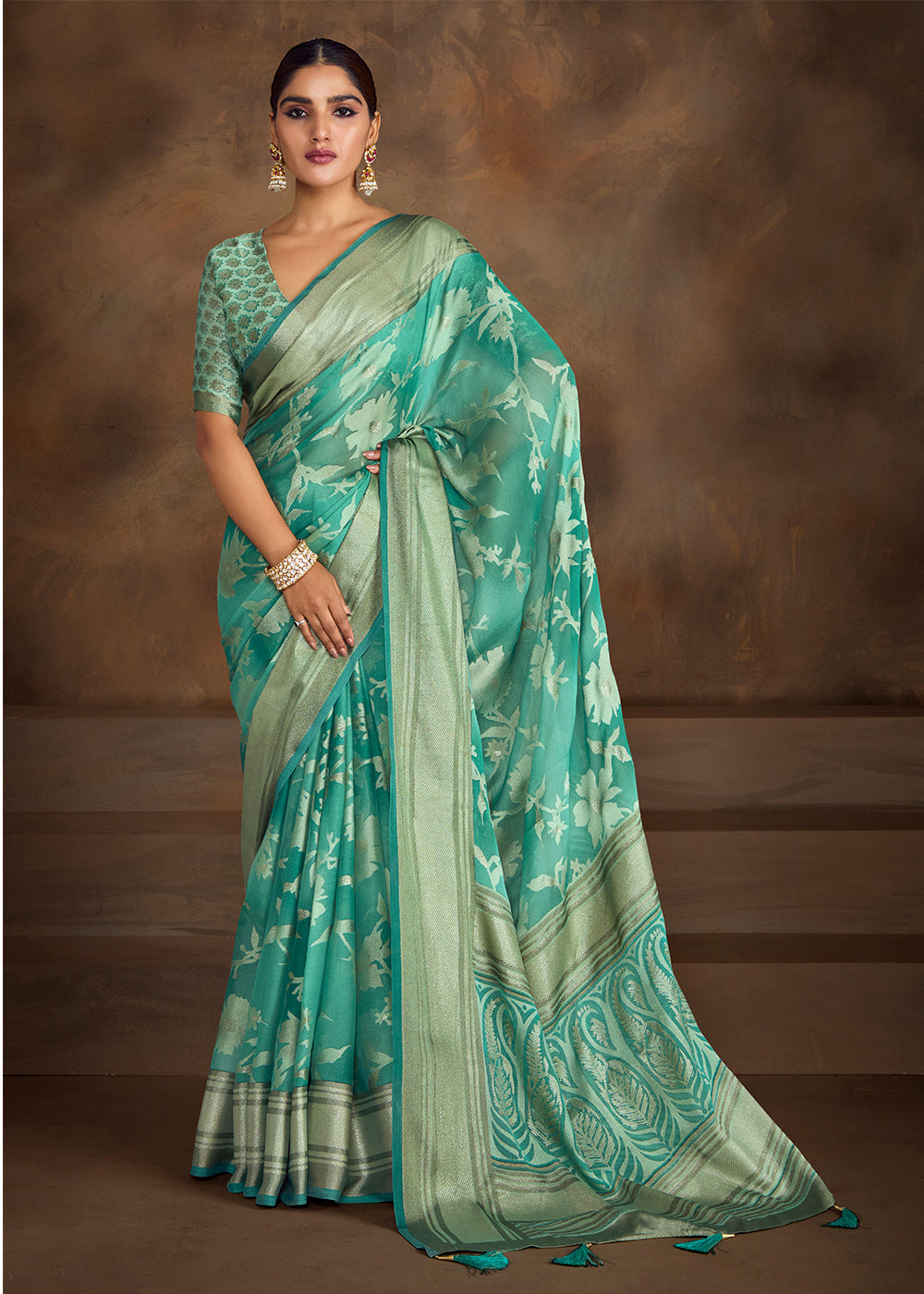 Sea Green Zari Woven Silk Saree With Blouse