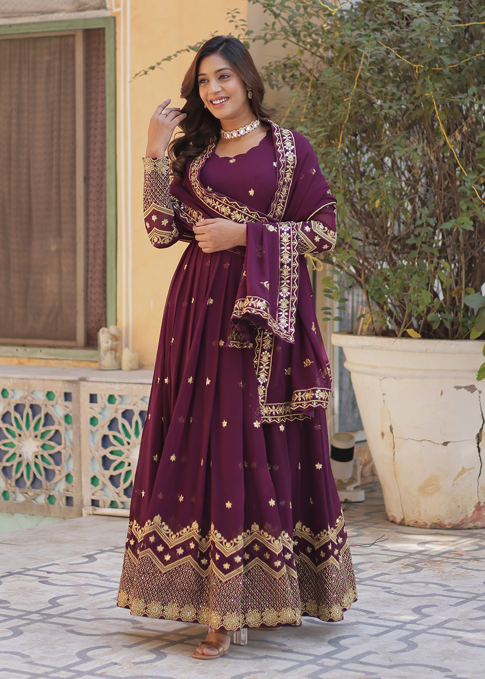 Wine Embroidered Readymade Anarkali Suit