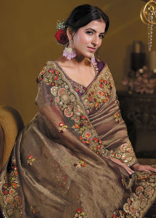 Brown Heavy Zari Embroidered Georgette Saree