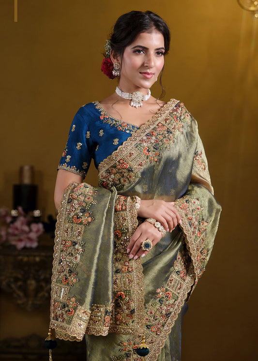 Green Heavy Sequin Embroidered Wedding Saree