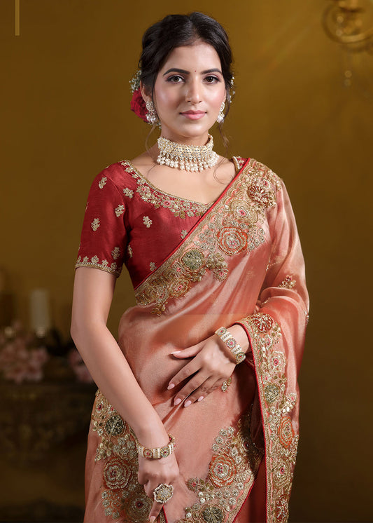 Peach Heavy Embroidered Georgette Saree